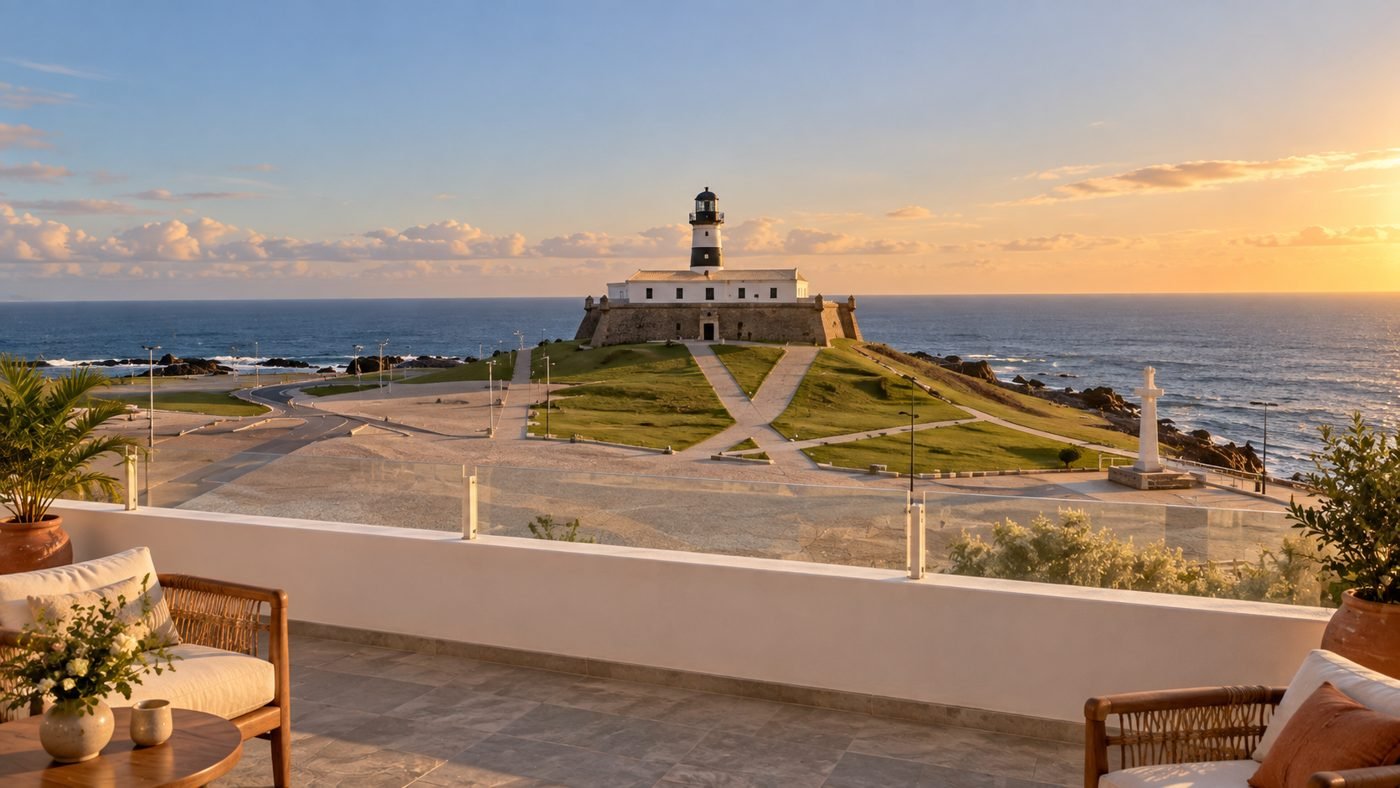 Varanda do Espaço Oceania com vista para o Farol da Barra ao pôr do sol